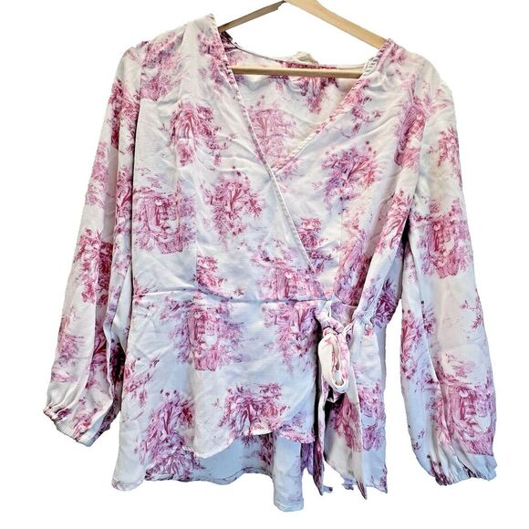 Meraki Wrap Top Peplum Tie Pink  Top Blouse Coquette women Ballet core  L - Picture 1 of 10